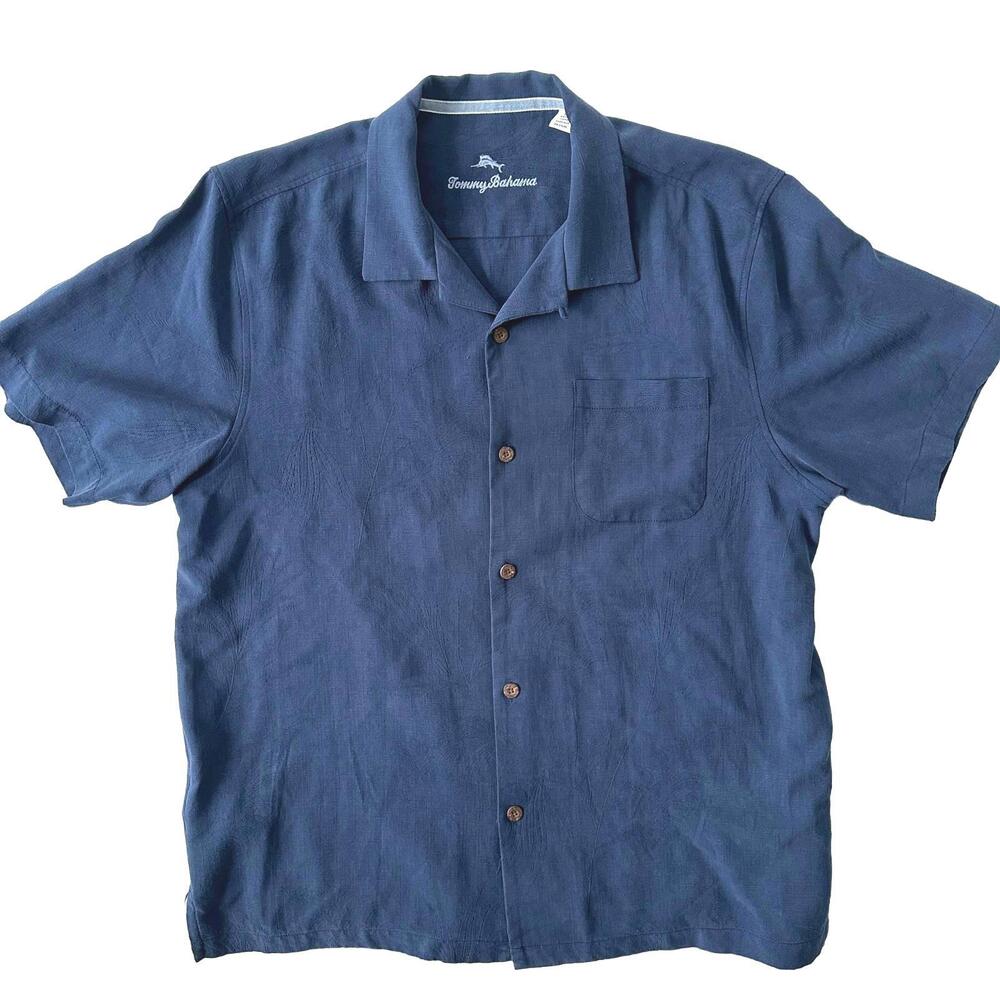 Tommy Bahama Navy Blue Floral Print Short Sleeve Button-Up 100% Silk Shirt - L